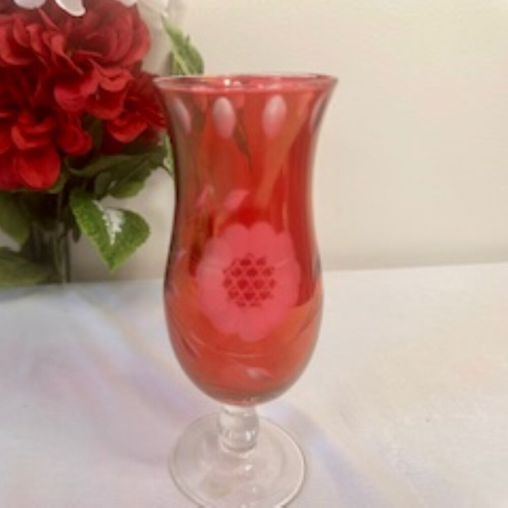 Vintage Cranberry Glass Cornflower-Etched Vase – Elegant Footed Design‎